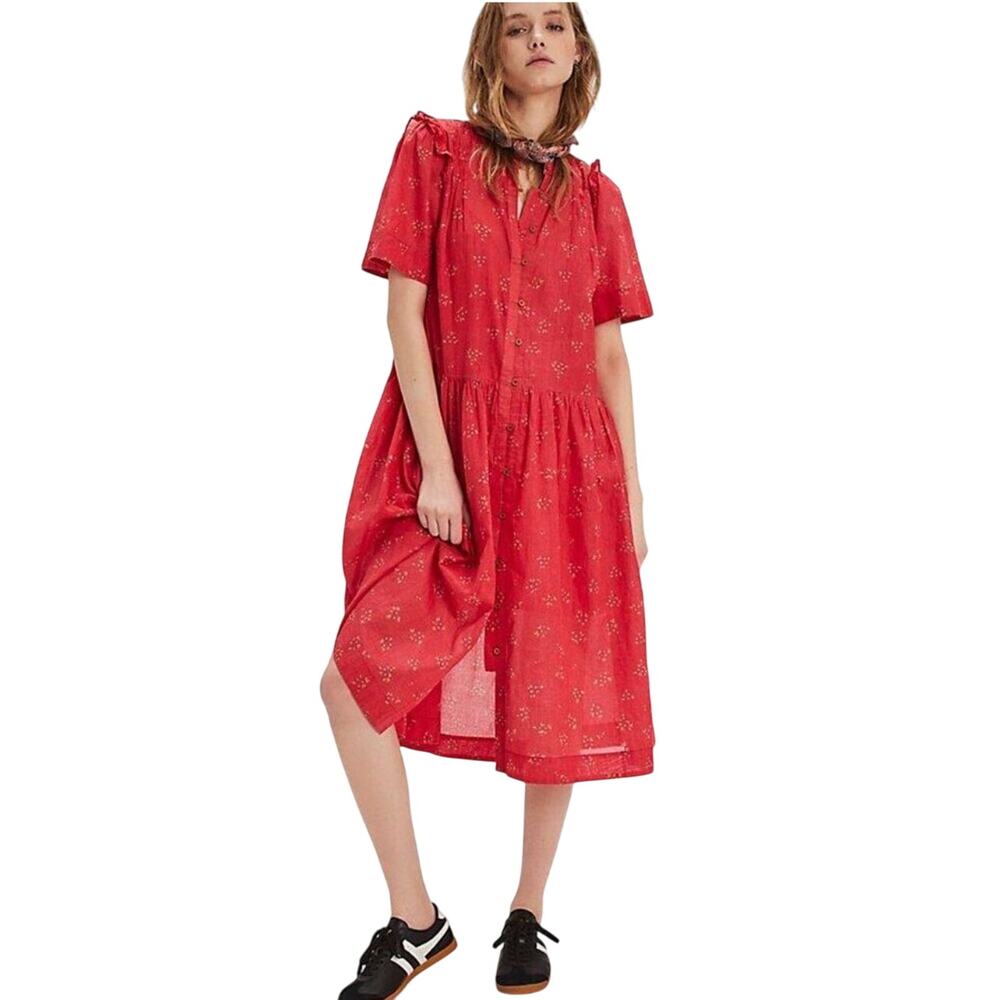 NWT FREE PEOPLE Women’s Bella Mae Boho Red Floral Midi Shirt Dress